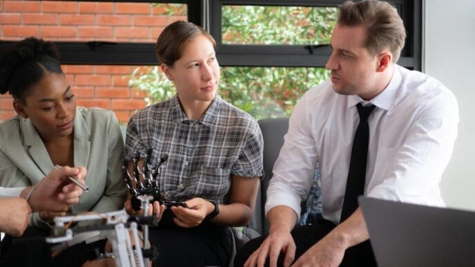 A diverse group of businesspeople brainstorm around a hand-shaped robot model in an office setting.