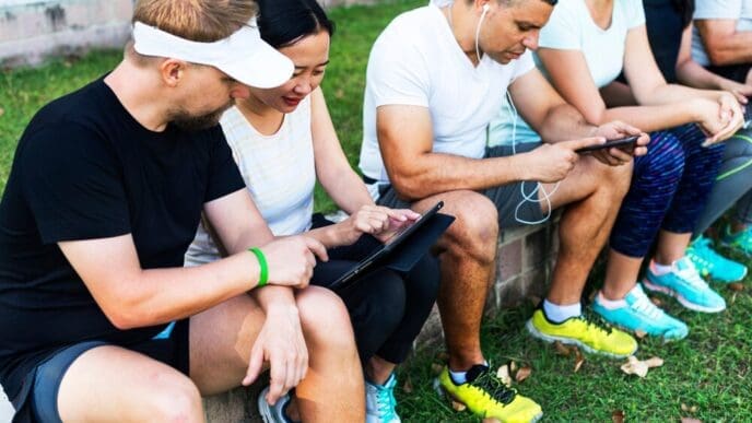 A diverse group of people uses various digital devices, such as phones and laptops.