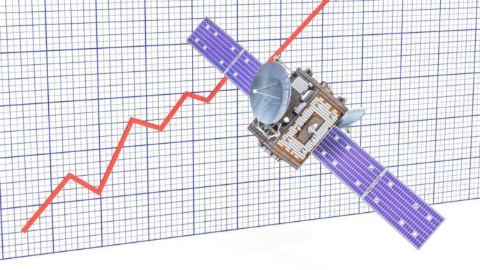 3D rendering depicts the growth of telecommunication services, likely with a visual representation like a rising graph or expanding network.