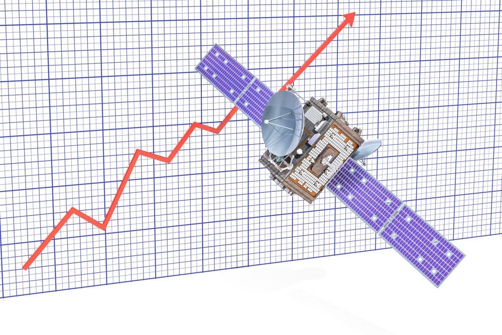 3D rendering depicts the growth of telecommunication services, likely with a visual representation like a rising graph or expanding network.