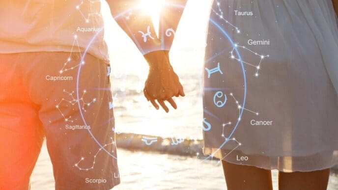Hands of a couple, each with a zodiac sign symbol on their palm, illustrating the concept of astrological compatibility.
