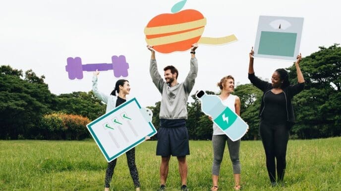 Happy people of diverse ethnicities exercising outdoors in a park.