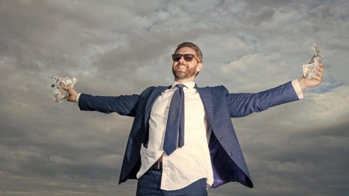 A smiling man in a suit holds money against a bright sky.
