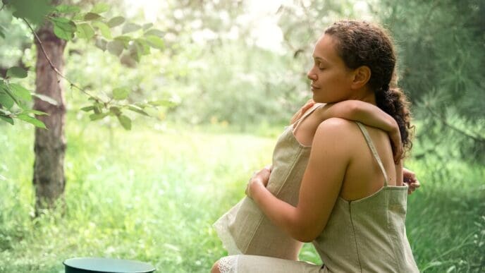 A mother and daughter in linen dresses share a hug in a cherry orchard, bathed in sunlight.