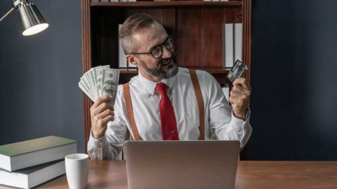 Happy senior businessman holding a stack of banknotes and a credit card, with a laptop on his desk.