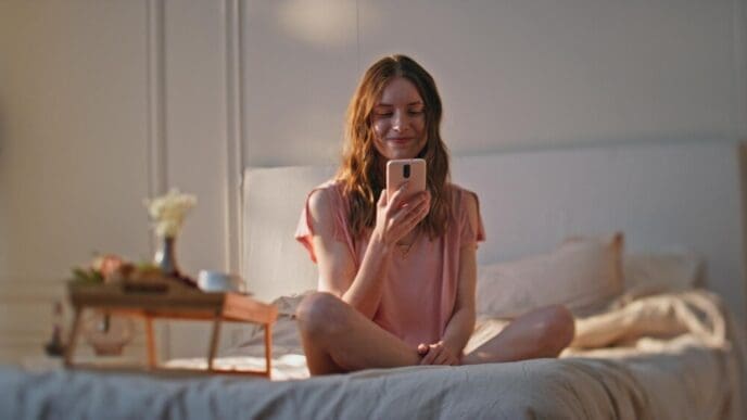 Happy teenage girl holding a phone, smiling, and looking at something off-screen while holding a heart-shaped object.