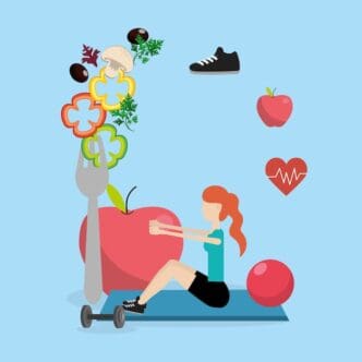 Cartoon illustration of people exercising and staying healthy.