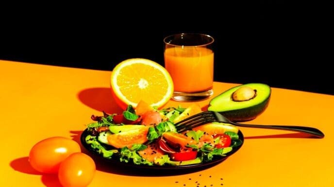 A still life photograph shows a healthy breakfast of salmon salad with avocado, sesame seeds, tomatoes, mixed herbs, and orange juice, set against an orange and black background.