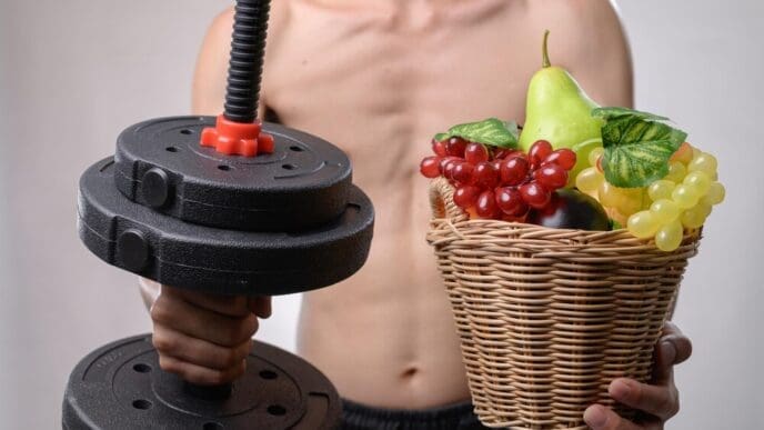 A graphic illustrates the concept of a healthy lifestyle, combining fitness activities like running and weightlifting with nutritional elements such as fruits and vegetables.