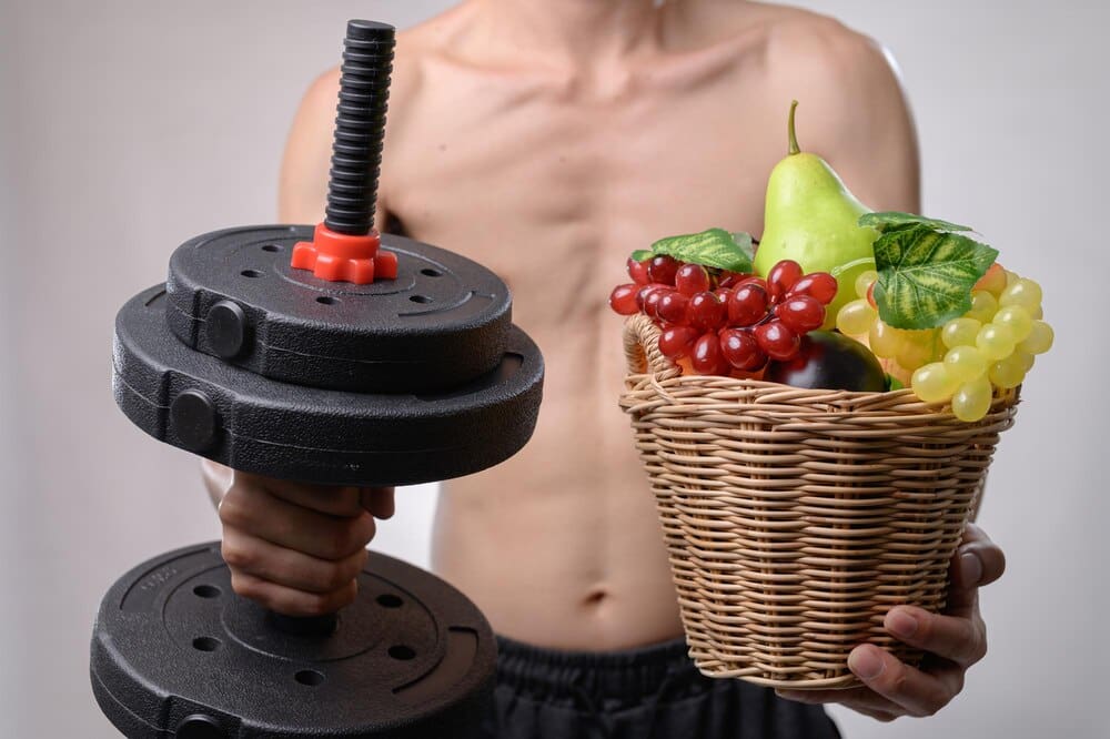 A graphic illustrates the concept of a healthy lifestyle, combining fitness activities like running and weightlifting with nutritional elements such as fruits and vegetables.