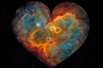 A vibrant, swirling nebula with heart-like shapes and colorful patterns, illuminated by a nearby star, created using artificial intelligence.