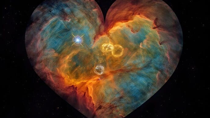 A vibrant, swirling nebula with heart-like shapes and colorful patterns, illuminated by a nearby star, created using artificial intelligence.