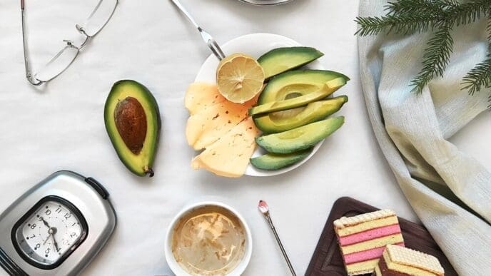 High-angle shot of various dishes arranged on a table.