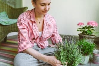 A person tends to a garden, focusing on floriculture and plant care.