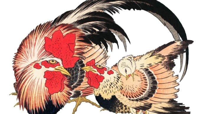 A vibrant illustration of a chicken and spiderwort flowers, originally by Hokusai.
