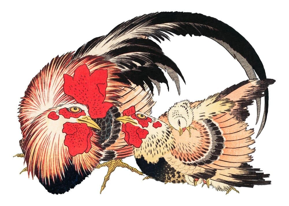 A vibrant illustration of a chicken and spiderwort flowers, originally by Hokusai.