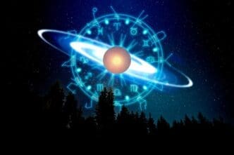 A colorful collage features images and symbols related to astrology and horoscopes.