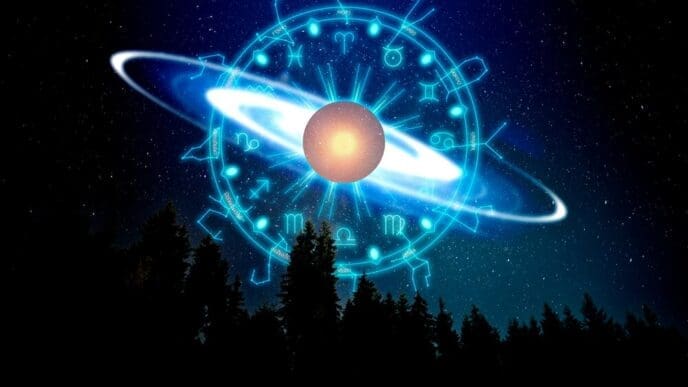 A colorful collage features images and symbols related to astrology and horoscopes.
