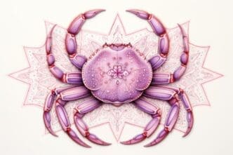 A close-up of a crab, possibly microscopic, suggests a connection to the Cancer zodiac sign and seafood.