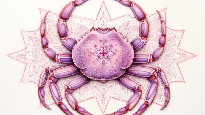 A close-up of a crab, possibly microscopic, suggests a connection to the Cancer zodiac sign and seafood.