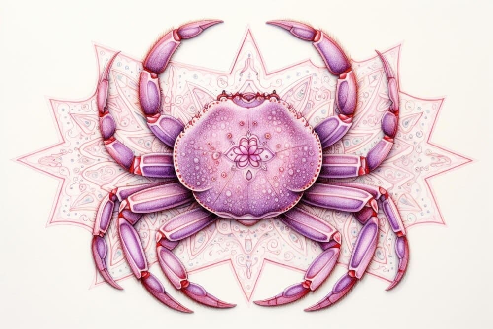 A close-up of a crab, possibly microscopic, suggests a connection to the Cancer zodiac sign and seafood.
