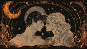 Illustration of a couple embracing in a starry sky, representing horoscope compatibility.