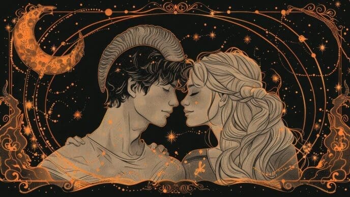 Illustration of a couple embracing in a starry sky, representing horoscope compatibility.