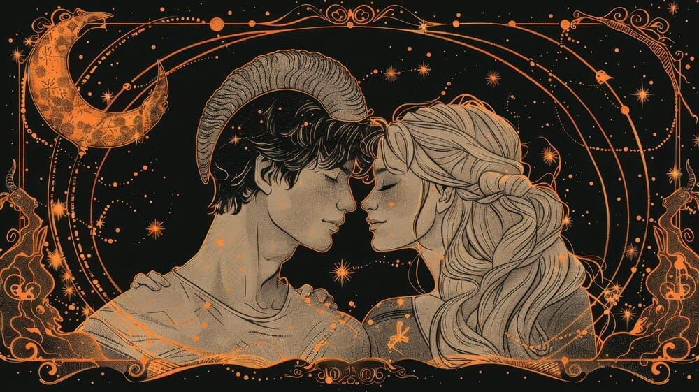Illustration of a couple embracing in a starry sky, representing horoscope compatibility.