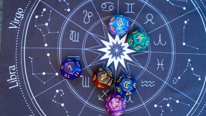 A top-down view shows a zodiac circle with divination dice, representing fortune-telling and astrology predictions.