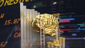 A 3D rendering depicts a human brain with a wind-up key protruding from its side, symbolizing business concepts.