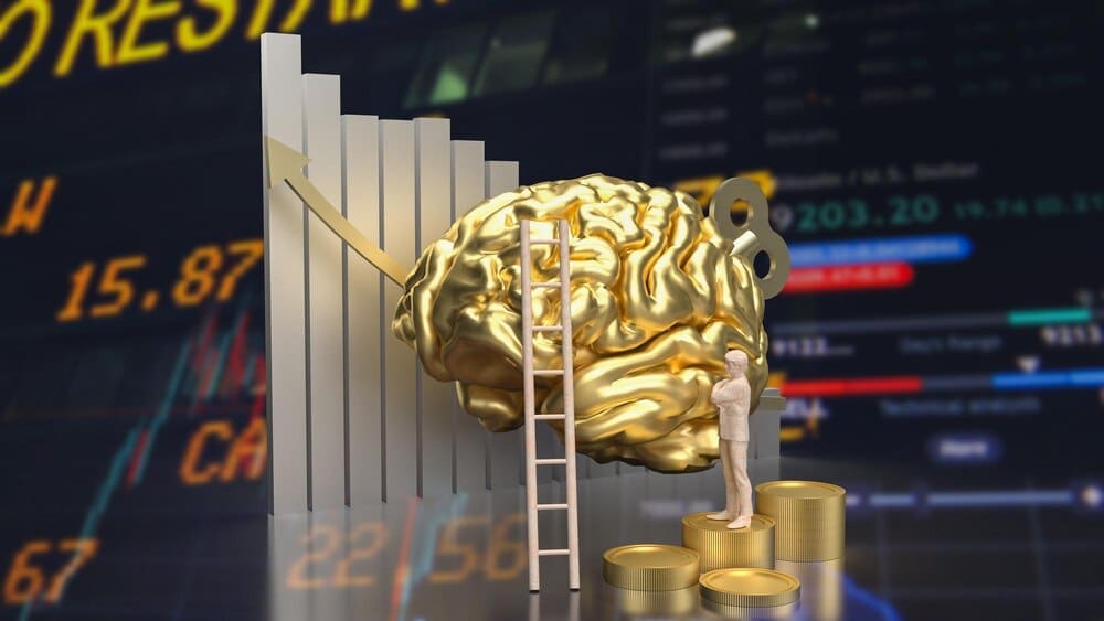 A 3D rendering depicts a human brain with a wind-up key protruding from its side, symbolizing business concepts.