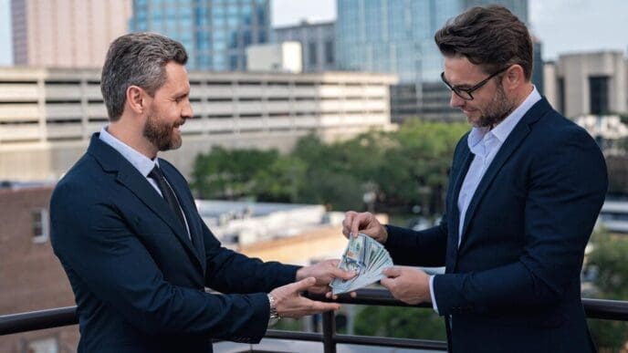 Two businessmen exchanging money, illustrating a concept of bribery or corruption.