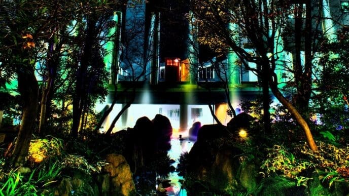 Buildings with lights shine through a silhouetted forest at night.