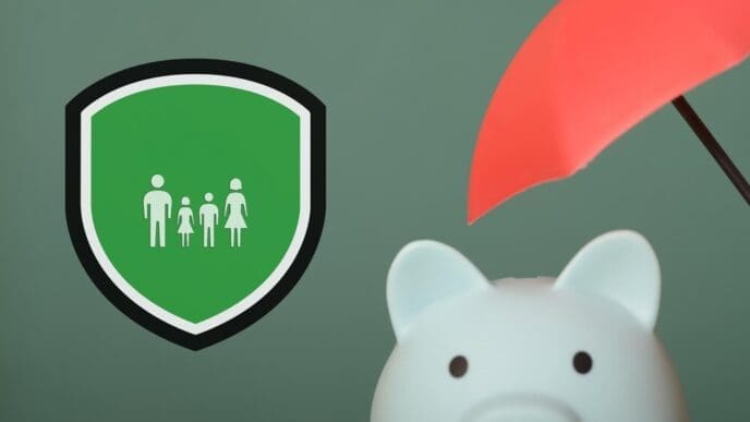 A family stands together under an umbrella and a shield, representing the idea of family protection.