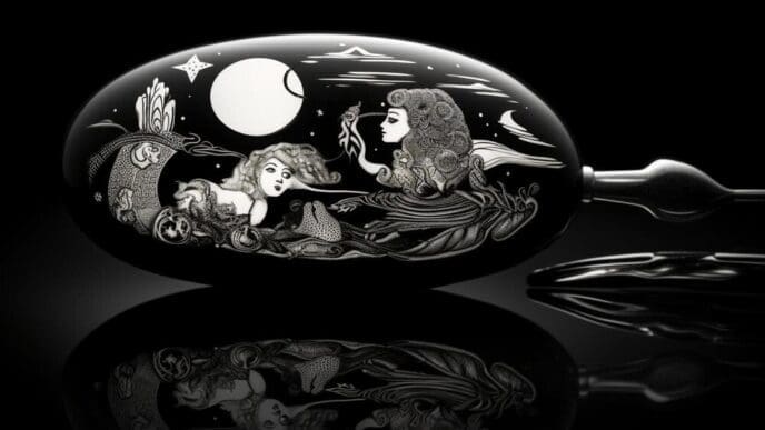 A close-up photograph shows a silver ink pen with a highly reflective surface.