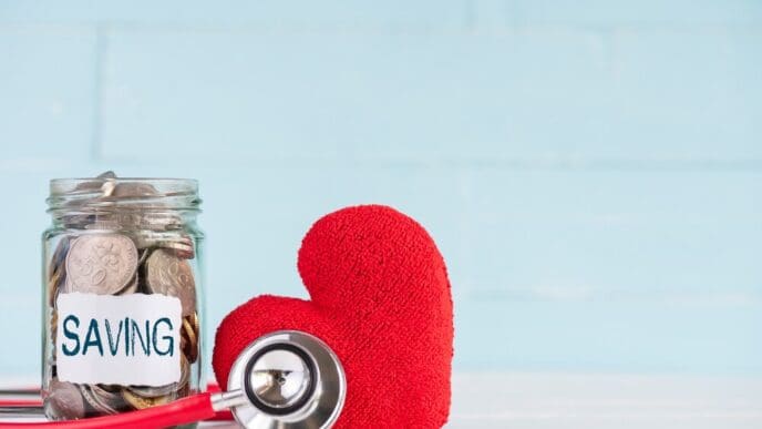 A glass jar filled with coins sits on a wooden surface, with a stethoscope and a small red heart resting nearby.