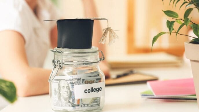 A glass jar filled with coins sits on a table next to a graduation cap, symbolizing savings for education.