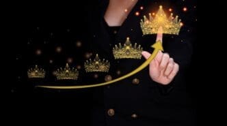 A beauty pageant contestant receives a five-star rating online, represented by a gold star, and is crowned with a diamond crown.