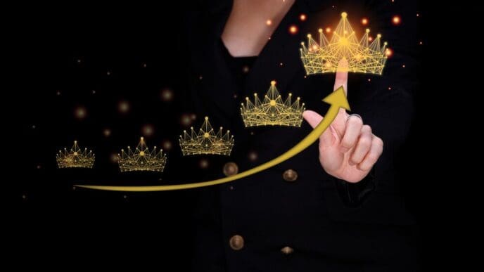 A beauty pageant contestant receives a five-star rating online, represented by a gold star, and is crowned with a diamond crown.