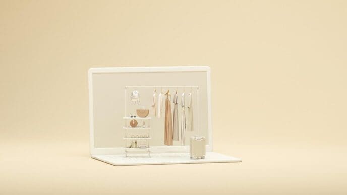 3D rendering of a laptop screen and clothing rack against a beige and white backdrop.
