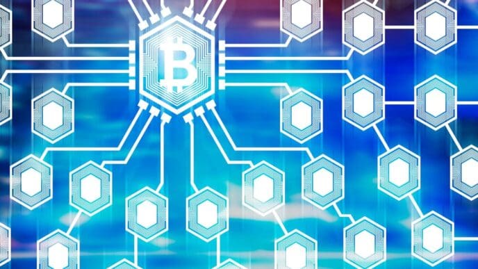 Large, glowing bitcoin symbol at the center of a network with a blurred blue and purple background, representing cryptocurrency and the future.