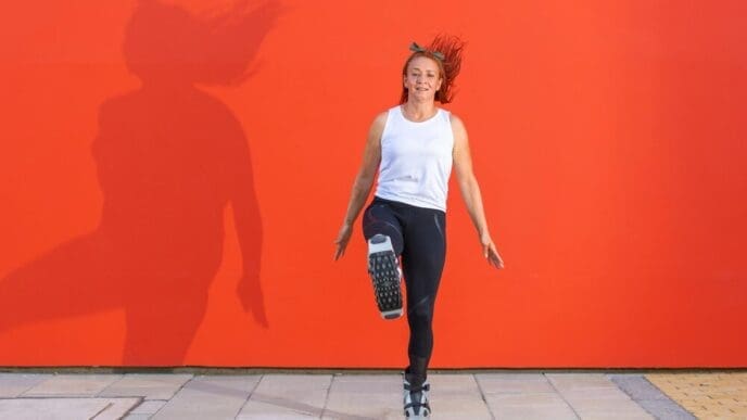 A Latina redhead woman in sportswear exercises with Kangoo Jumps boots on an orange background.
