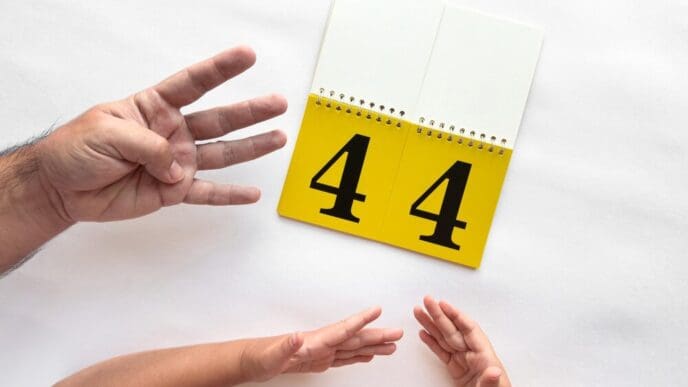 A person uses hand gestures to demonstrate numbers while holding up number flashcards.