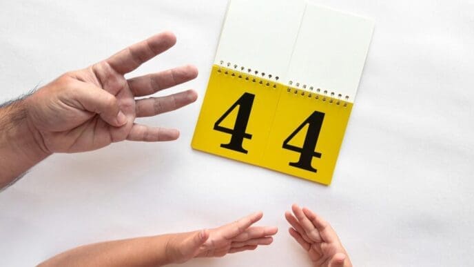 A person uses hand gestures to demonstrate numbers while holding up number flashcards.