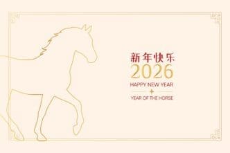 Line art illustration of a horse with the text "2026 New Year" superimposed on it.