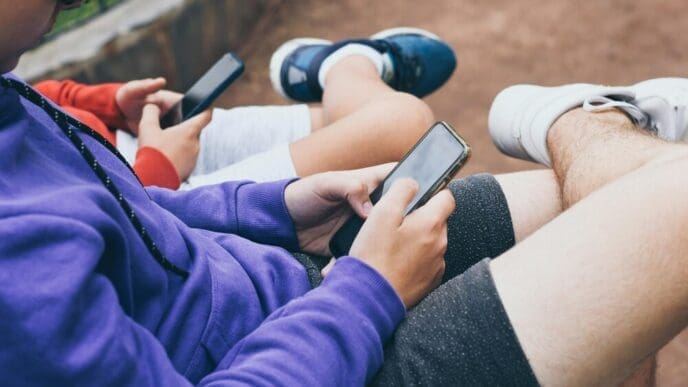 Close-up of several male friends sitting outside and using their phones.