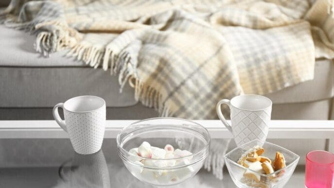A low table in a living room displays sweets and two cups.