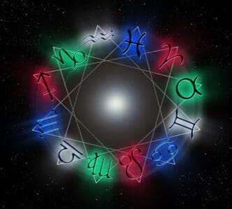 Zodiac signs, glowing with an ethereal light, are captured in a photograph taken in May.