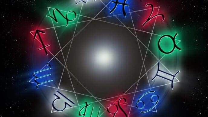 Zodiac signs, glowing with an ethereal light, are captured in a photograph taken in May.
