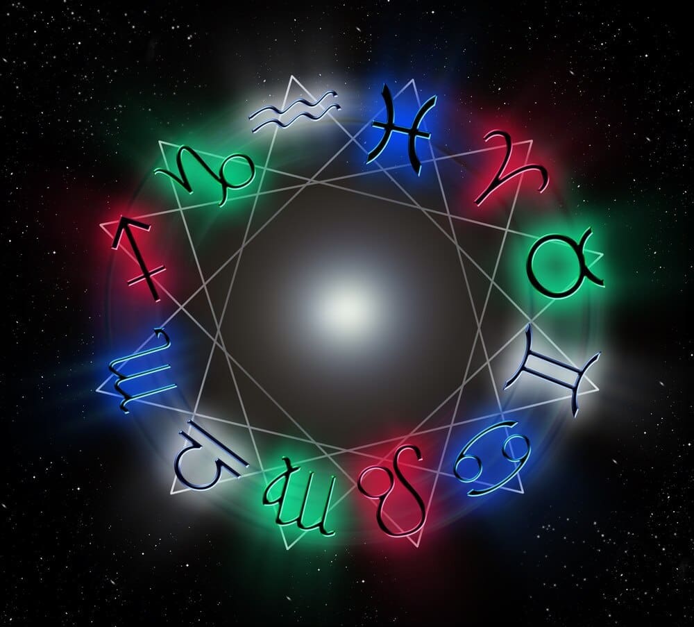 Zodiac signs, glowing with an ethereal light, are captured in a photograph taken in May.